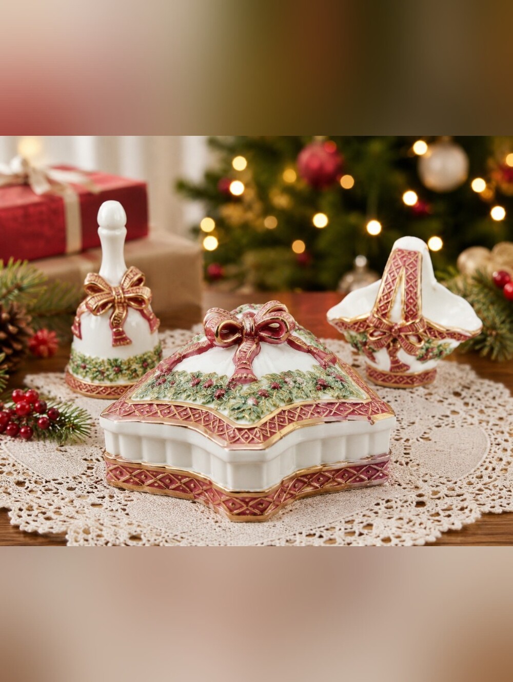 Intl. Bazaar Porcelain Holiday Christmas Tree Box Bell Basket Set NIB Pfaltzgraf